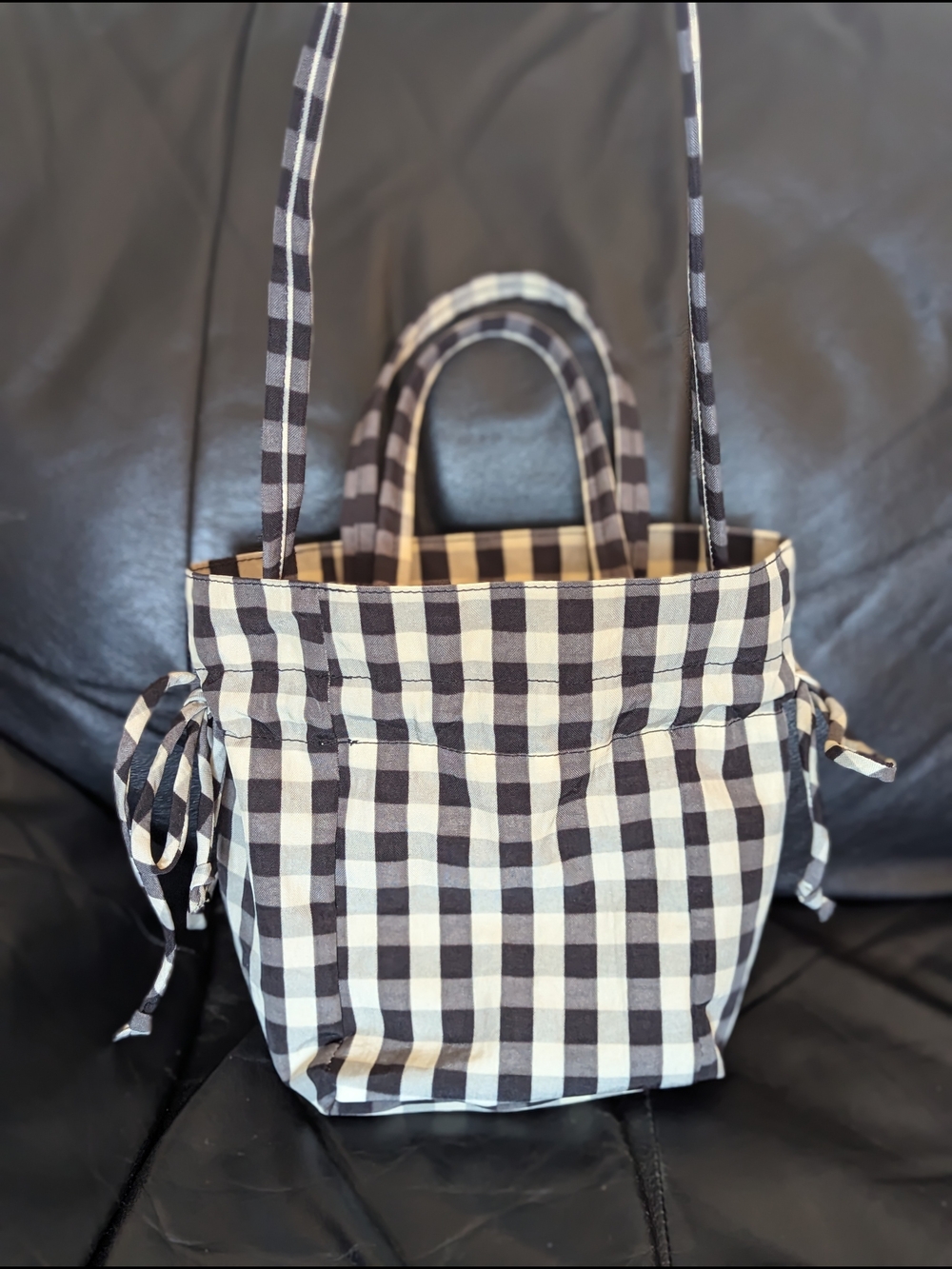 Black & White Check Drawstring Tote Bag - Picture 3 of 6